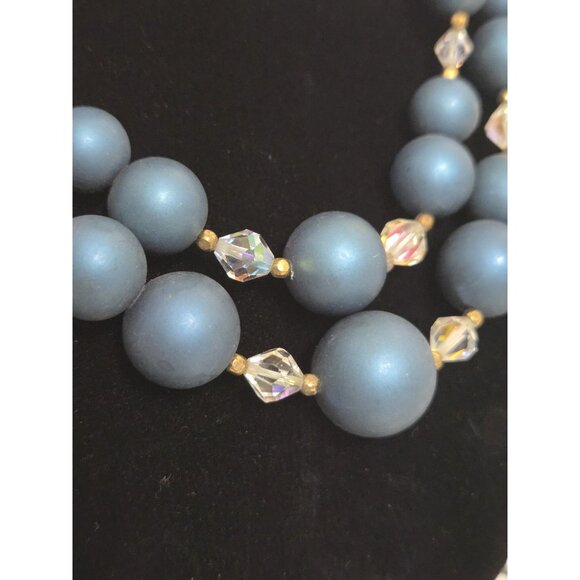 Vtg Estate Double Strand Graduated Faux Blue Pearl Necklace Ornate Clasp - Picture 5 of 8